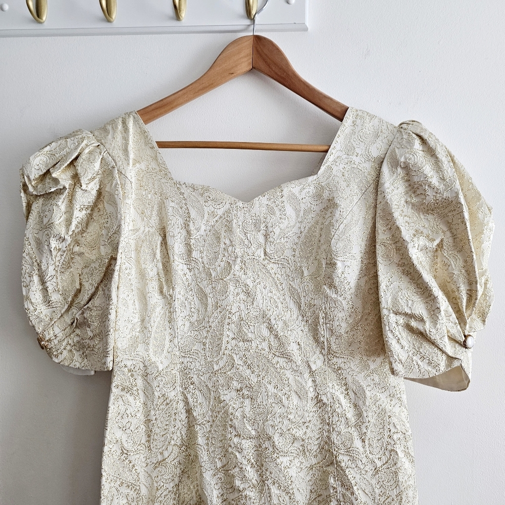 Vintage 80s Handmade Gold Brocade Cocktail Dress Puff Sleeve Statement Bow Back - Picture 3 of 16